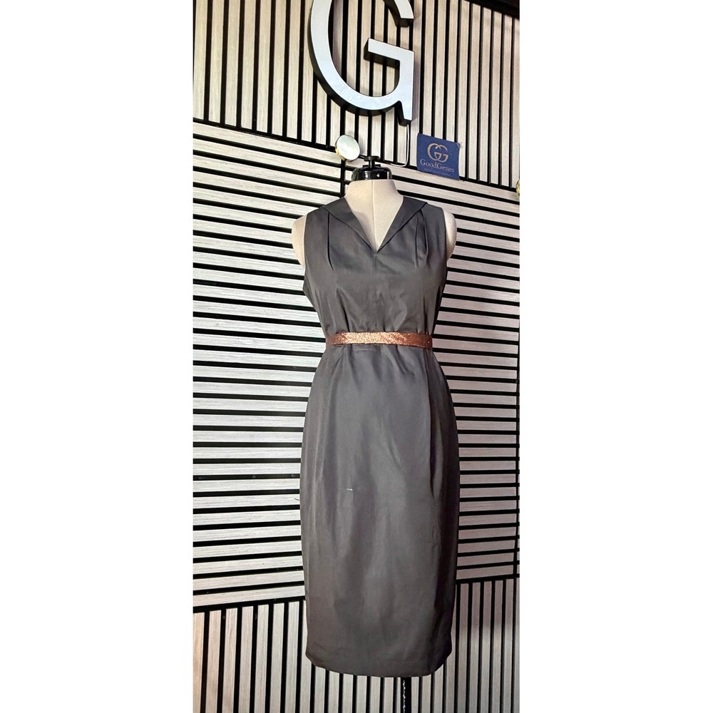 Max Mara Gray Sheath Dress Notched Collar Sleeveless Keyhole Back Luxury sz 10